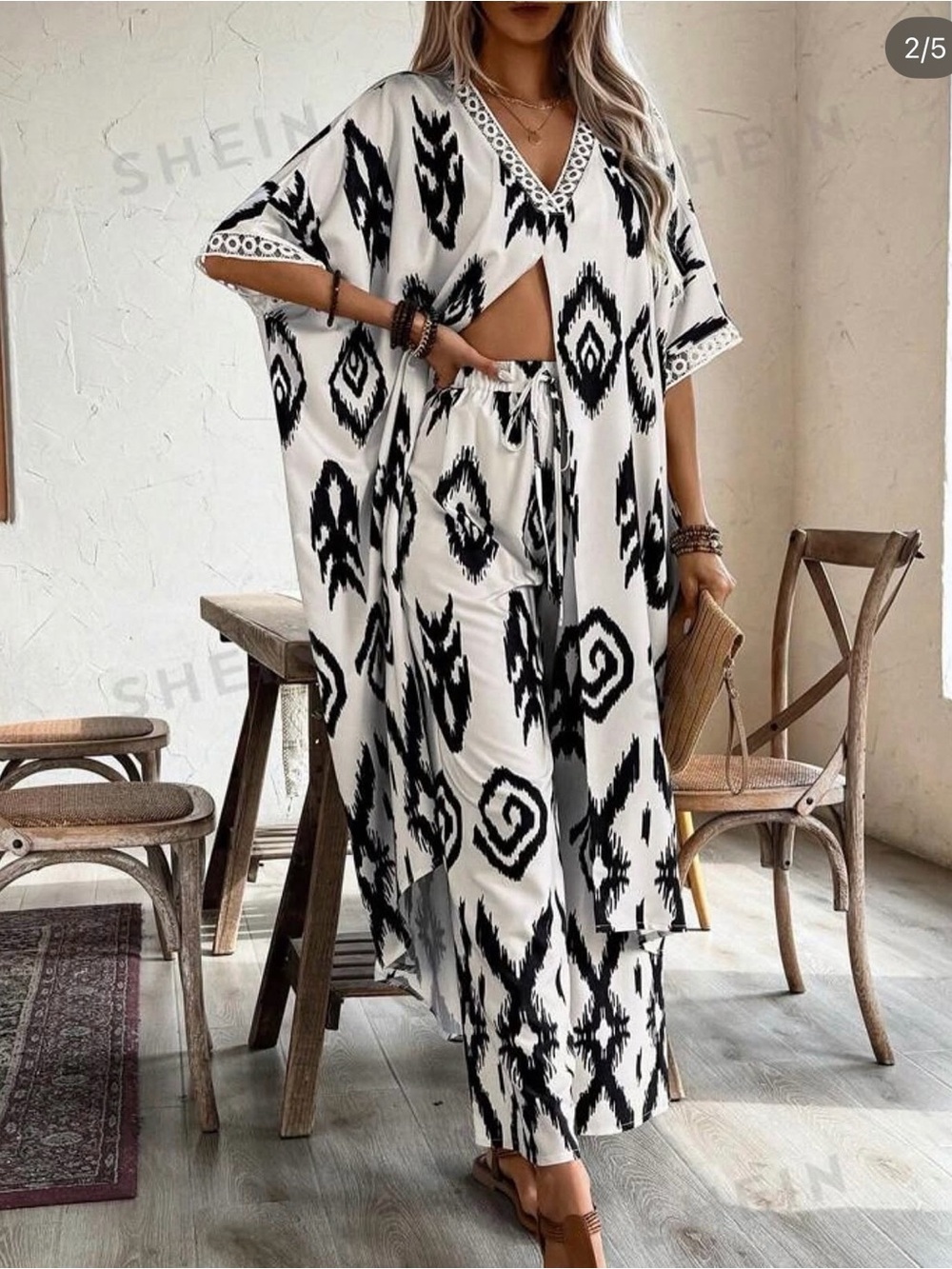 New Geometric Print Open Front Kimono & Wide Leg Pants Set